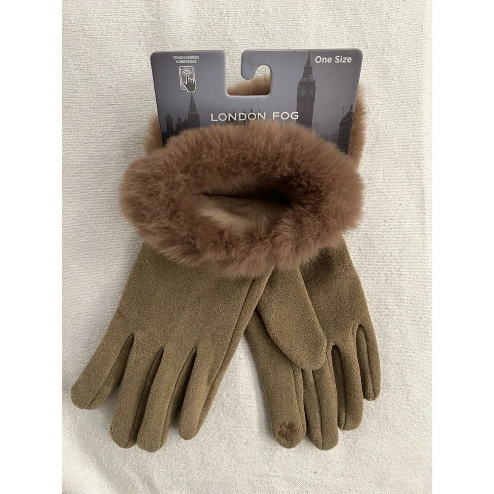NEW London Fog Faux Fur Gloves Women's OS Touch Screen Compatible Taupe / Tan
